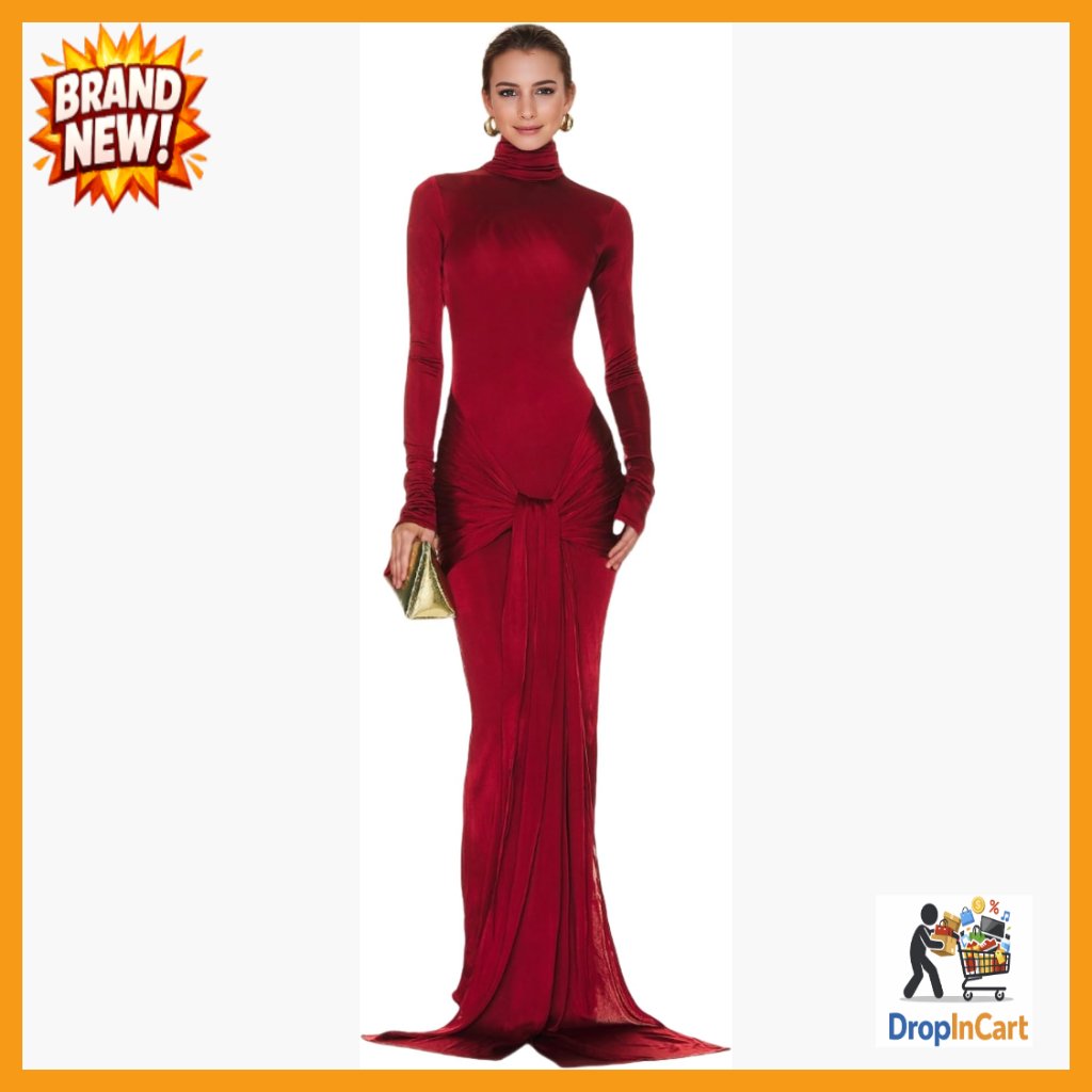 Elegant Bodycon Maxi Dress Long Sleeve High Neck Tie Waist Cocktail Party